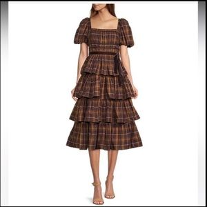 ANTONIO Melani Maisie Plaid Print Square Neck Puff Sleeve Tiered Ruffle Dres